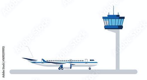Modern Airplane with Blue Accents and Airport Control Tower Illustration