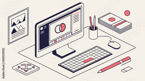 Isometric illustration of a graphic design workspace with computer keyboard mouse pencils and money.