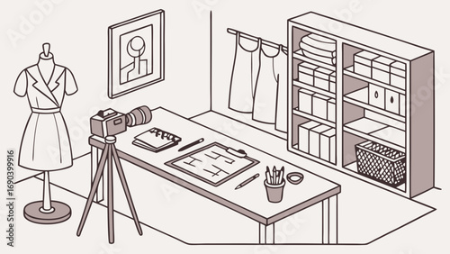 Isometric illustration of a fashion design studio workspace with camera mannequin and storage shelving.