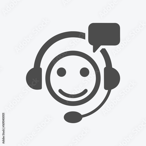 Smiling support person icon wears headset and has a speech bubble above them