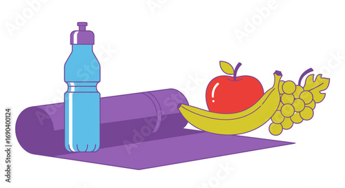 Fitness and Healthy Eating: Yoga Mat, Water Bottle, and Fruits