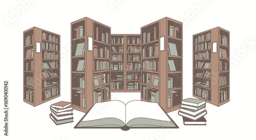 Illustrated Library Interior with Bookshelves and Open Book