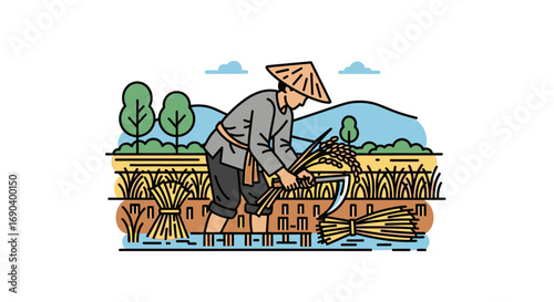 Farmer Harvesting Rice with Sickle in Field, Traditional Conical Hat