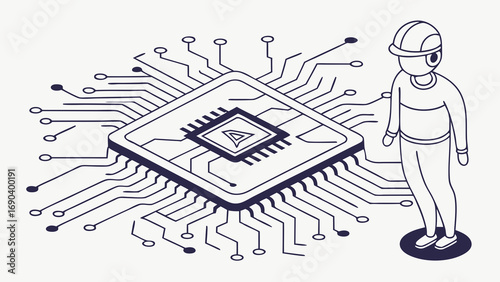 Isometric Illustration of a Microchip with a Person in Hard Hat Technology Engineering and Circuit Board Design Concept.