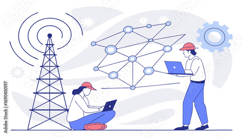 Illustration of two technicians working with laptops near a communication tower and network graphic.