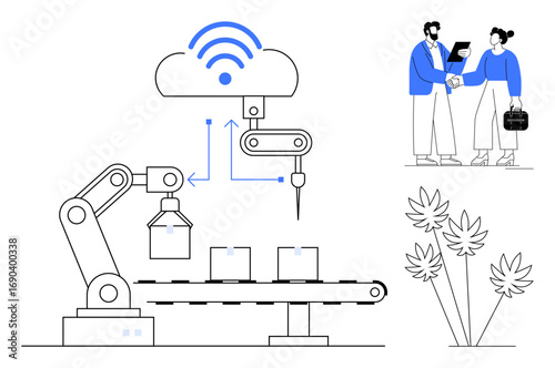 Robotic arm assembling packages on conveyor belt with IoT cloud connection two professionals shaking hands plants. Ideal for technology, automation, business, IoT, industry, sustainability, teamwork
