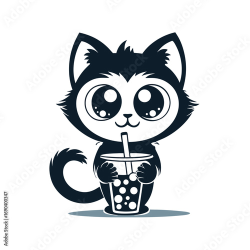 Smiling stylized cat is holding a cup with a straw and large eyes