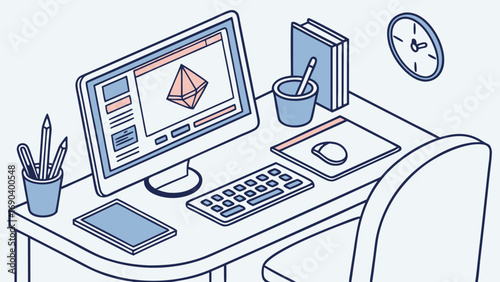 Isometric illustration of a modern workspace with computer keyboard and design software showing a 3D model.