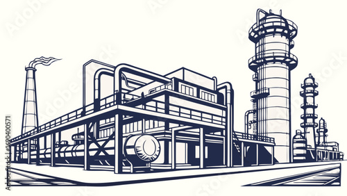 Industrial Plant Illustration Factory Refinery Manufacturing Energy Production Power Station Chemical Plant Engineering Design Industrial Architecture Blueprint Technical Drawing Processing Plant Ind.