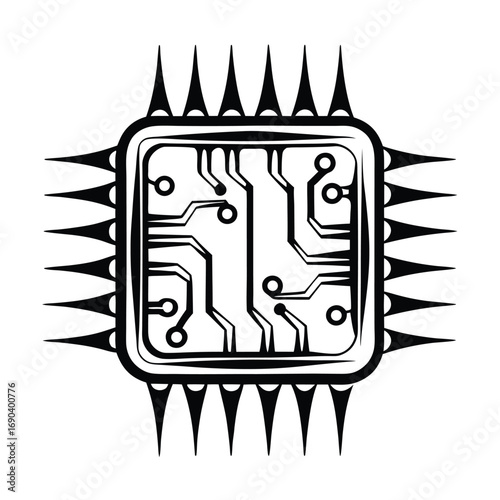 Square microprocessor sketch shows electronic circuitry and connections emanating outwards in a digital depiction