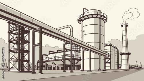 Industrial Plant Illustration Refinery Factory Pipes Tanks Power Generation Energy Production Manufacturing Technology Engineering Heavy Industry Chemical Plant Infrastructure Steel Structure Industr.