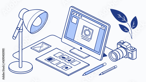 Isometric Illustration of a Creative Workspace with Computer Camera and Design Elements.