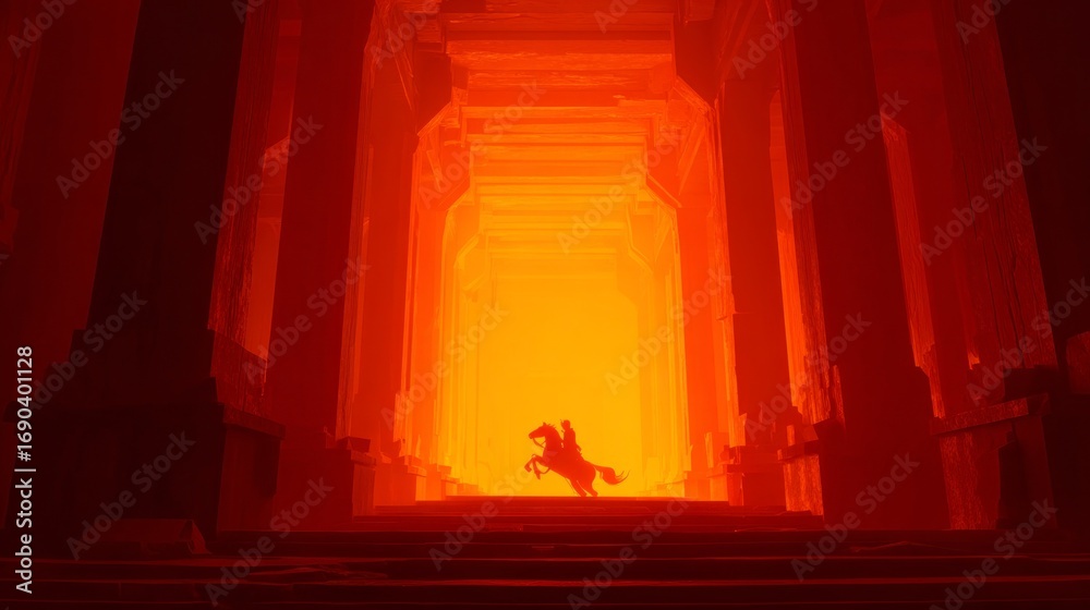 Fototapeta premium Fire horse galloping through ancient temple gates amidst glowing orange light at dusk