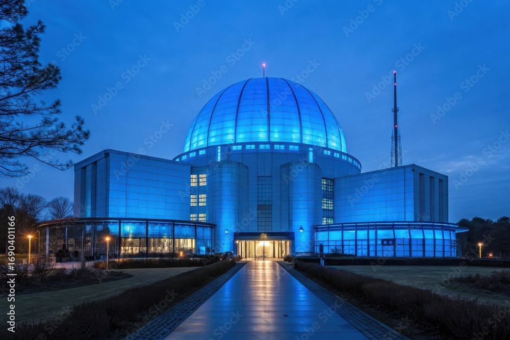Obraz premium A futuristic fusion power plant glowing in blue light.