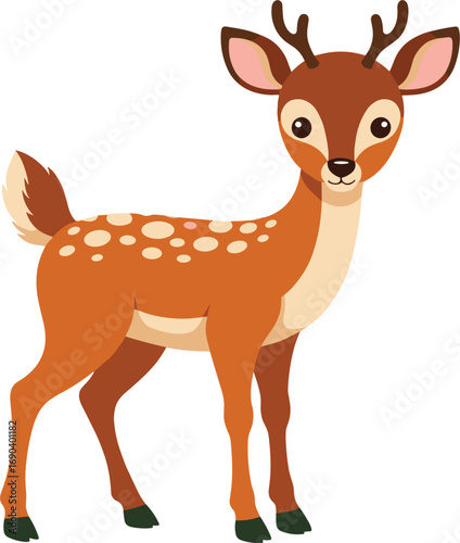 Cute Cartoon Baby Deer Standing with Antlers and Spots – Adorable Vector Illustration for Kids, Nature Designs, and Educational ProjectsCute Cartoon Baby 