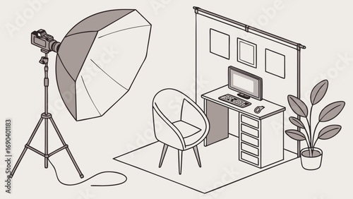 Isometric Illustration of a Home Photography Studio Setup with Lighting Equipment and Computer Workstation.