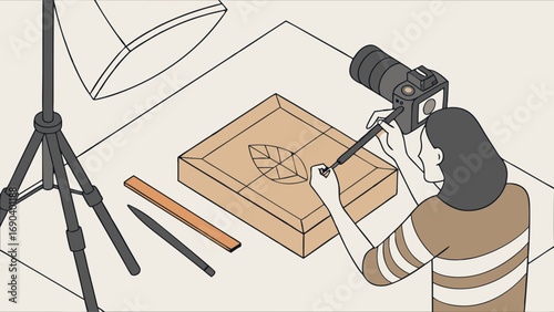 Isometric Illustration of a Person Photographing a Product with Studio Lighting and Props.