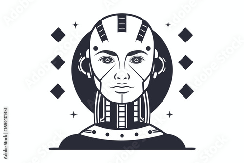 Striking robot portrait shows a feminine android face framed by dark shapes