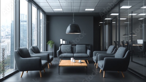 A modern office lounge area features comfortable gray seating arranged around a low wooden coffee table, bathed in natural light from expansive city views, creating a serene and professional