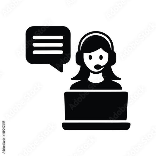 Solid icon depicts woman with headset before laptop and a speech bubble icon