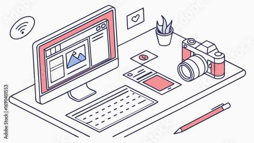 Isometric illustration of a workspace with computer camera and phone showing digital photography workflow editing and social media sharing.