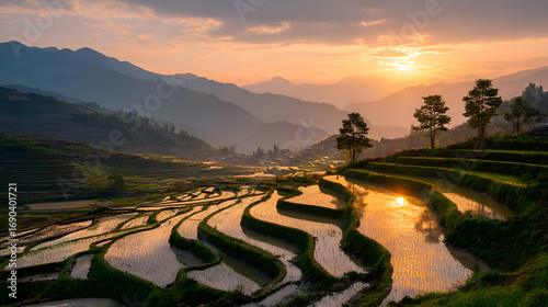 Sunset illuminating rice terraces in mu cang chai, vietnam