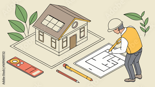 Isometric Illustration of Architect Designing a House with Solar Panels.
