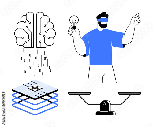 Human with VR headset holding a lightbulb, digital brain with binary code, layered microchip, and balance scale. Ideal for AI, innovation, technology, vision, learning interaction problem-solving