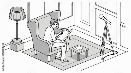Isometric illustration of a person working at home in armchair with microphone on tripod stand.