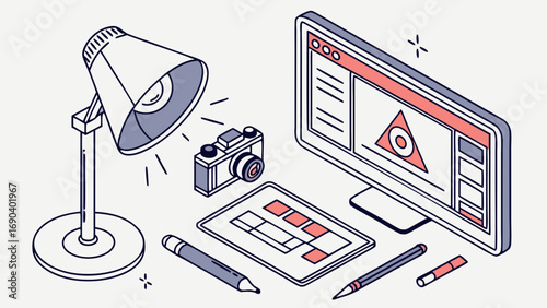 Isometric Illustration of Graphic Design Workspace with Computer Camera and Art Supplies.