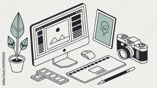 Isometric illustration of graphic design workspace with computer camera and tablet.