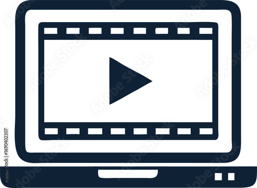 Stylish dark blue laptop displays a classic film reel with play button icon