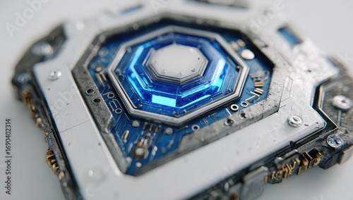 Close-up of a futuristic, hexagonal, technological device