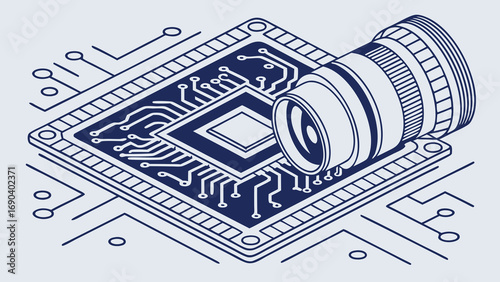 Isometric Illustration of Camera Lens on Circuit Board Technology Innovation and Photography Concept.