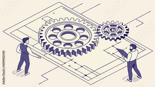 Isometric Illustration of Engineers Examining Gear System and Blueprint.