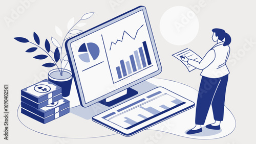 Isometric illustration of financial analysis data review business analytics financial planning financial report business strategy investment growth progress charts graphs computer screen tablet money.