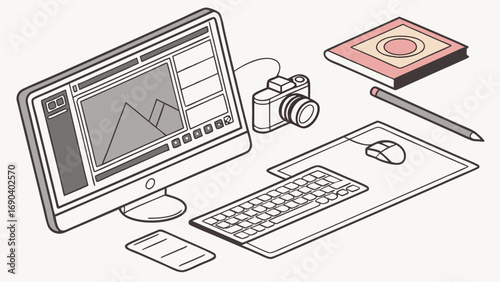 Isometric Illustration of Graphic Design Workspace with Computer Camera and Tablet.
