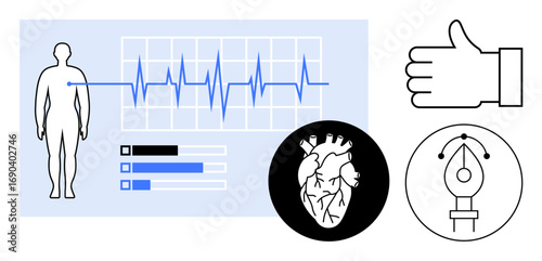 Human figure, heart diagram, and heartbeat cardiograph symbolize medical data. Linked to graphic design, feedback, health research, and innovation. Ideal for healthcare, wellness creative interface