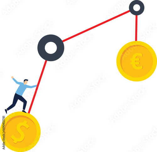 High rate of the Dollar compared with the Euro. Euro and Dollar coins swinging on a teeter. US Dollar vs. Euro, invest in currency price or country economic speculation concept


