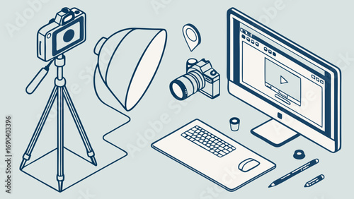 Isometric Illustration of Photography and Video Editing Workflow with Equipment and Computer.