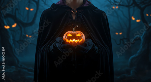 Halloween Night Cloaked Figure Holds Glowing Jack O Lantern In Eerie Forest