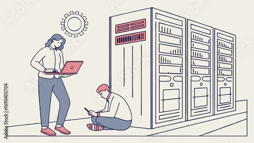 IT professionals working with servers data center illustration technology concept network infrastructure computer maintenance digital technology cloud computing data storage system administration onl.