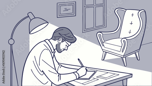 Man working at desk with graphic tablet home office interior design illustration design concept.