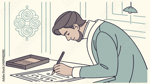 Man writing on document at desk simple line art illustration.