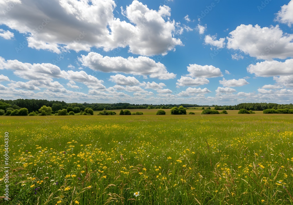 Obraz premium Expansive green meadow with vibrant yellow wildflowers stretching towards a distant forest under a beautiful blue sky with fluffy white clouds