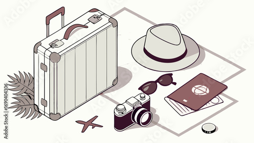 Isometric Illustration of Travel Essentials Suitcase Hat Camera Passport and Sunglasses for Vacation or Holiday Theme.