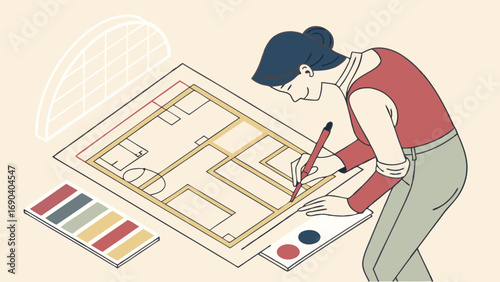 Person Designing a Floor Plan with Color Palette.