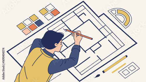 Person drawing architectural blueprints design process top view planning project workspace home design interior design drafting architect engineering construction building plan floor plan blueprint d.