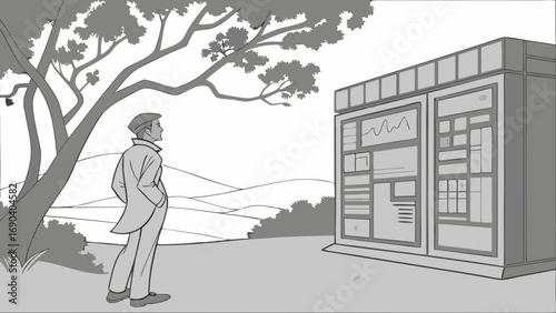 Man looking at an informational display in a landscape setting.