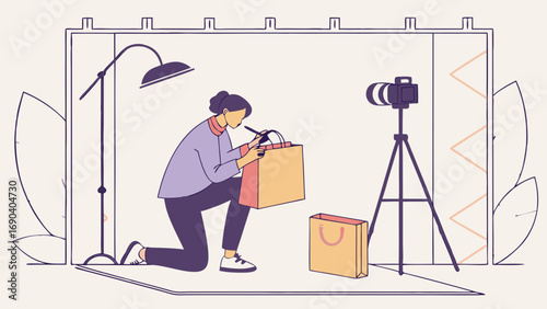 Person reviewing product in home studio online shopping video blogging e-commerce product photography.